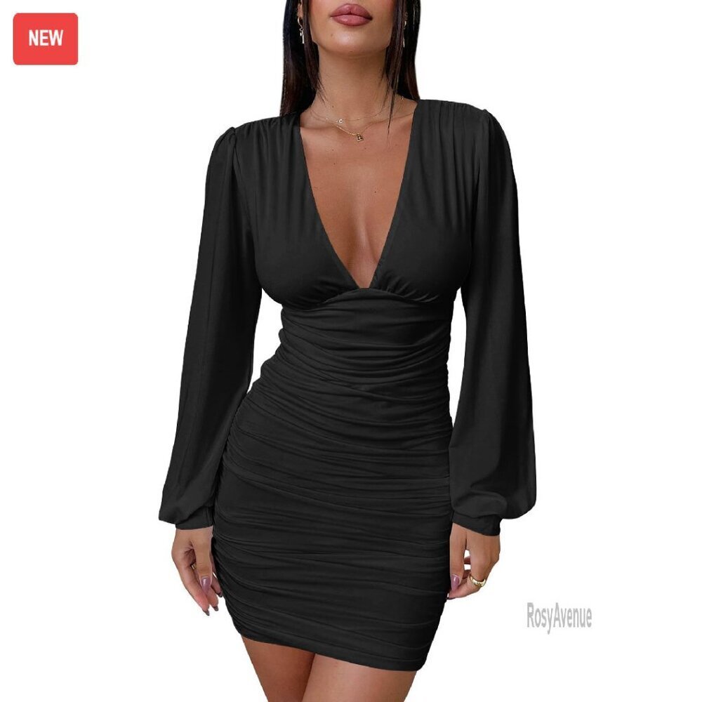 Sexy Ruched Bodycon Long Sleeve V Neck Mini Cocktail Party Dress